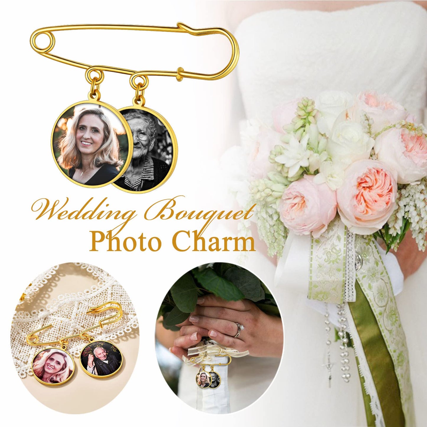 Custom4U Memorial Charm for Wedding Bouquet Round Shaped Memory Charms Brooch Pins Funeral Boutonniere with 2 Pictures Engraved