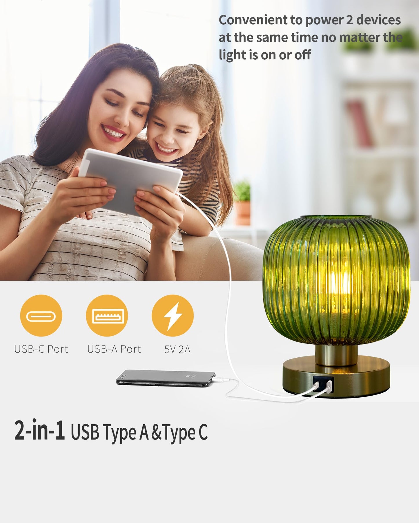 Elenhome Touch Control Small Table Lamp Set of 2, Elegant Green Glass Bedside Lamp 3 Way Dimmable with USB C+A Charging Ports - Bedroom Nightstand & Living Room Essential, 4W Bulb Included