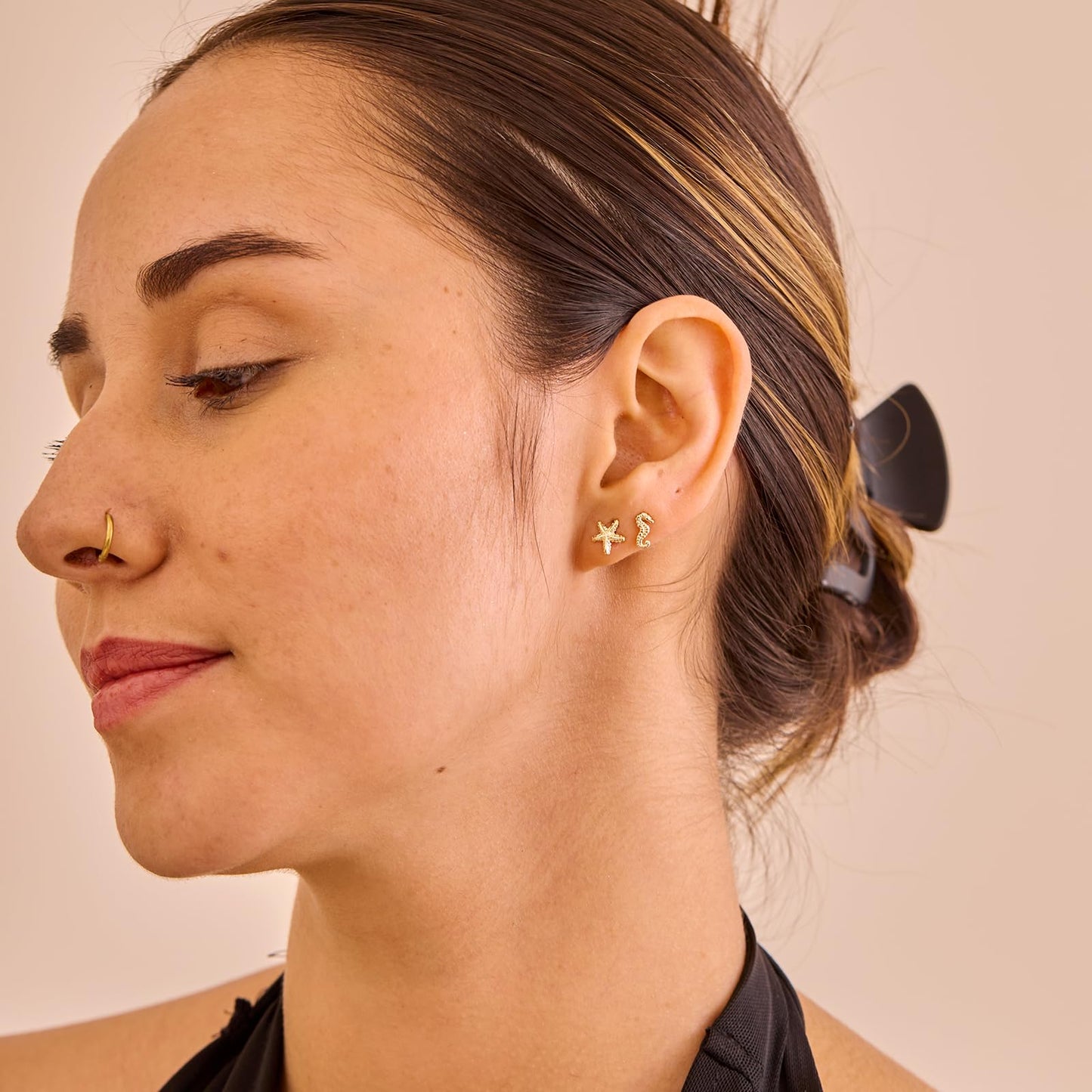 Plenky Gold Earrings for Women - 2 Pairs 14K Gold Plated Small Starfish and Seahorse Stud Earrings Set Beachy Jewelry for Women Gifts