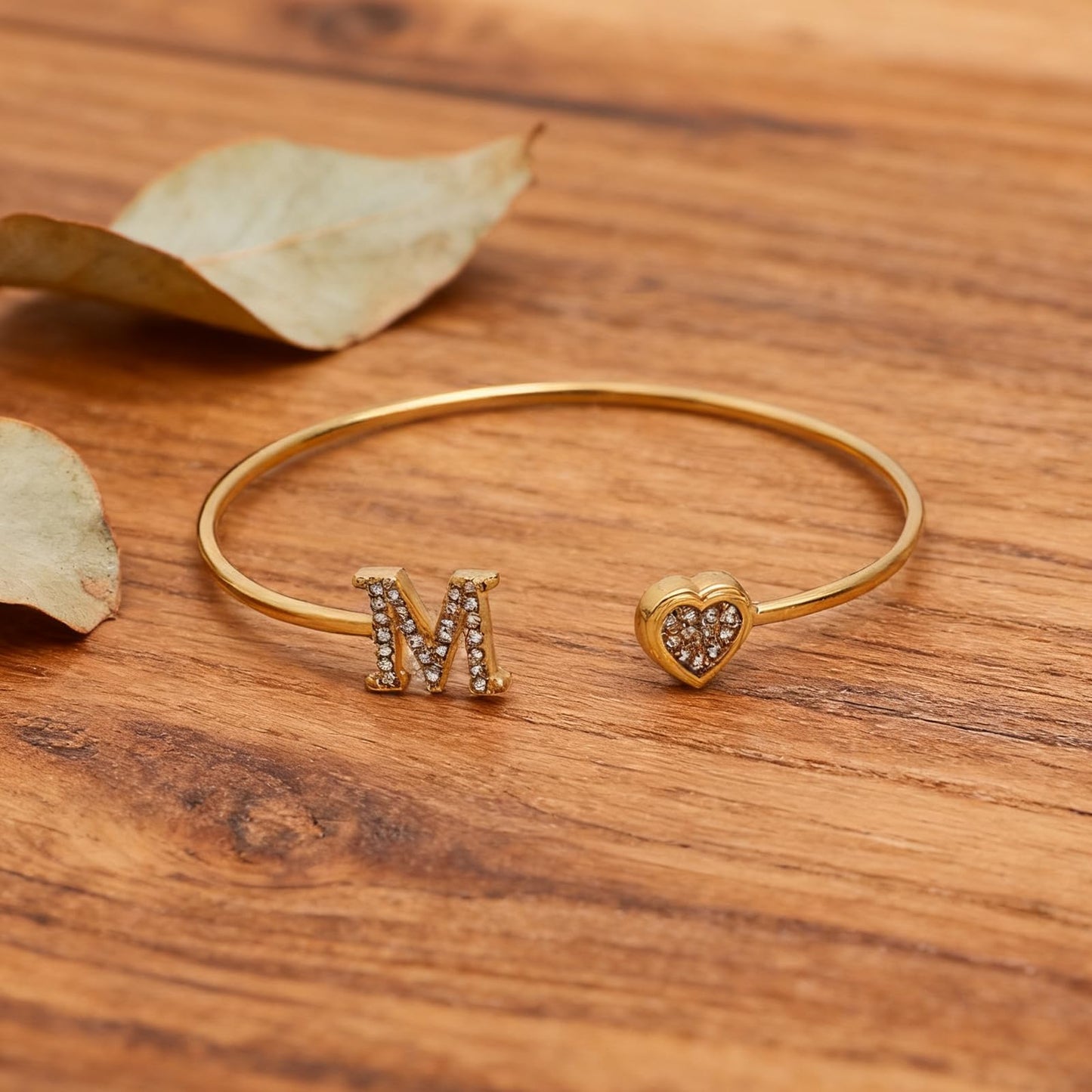 BXDA Trendy Gold Plated Heart Initial M Cuff Bangle Bracelet for Women, Handmade Statement Cubic Zirconia Stackable Open Letter Bracelets Fashion Jewelry Accessories Gift