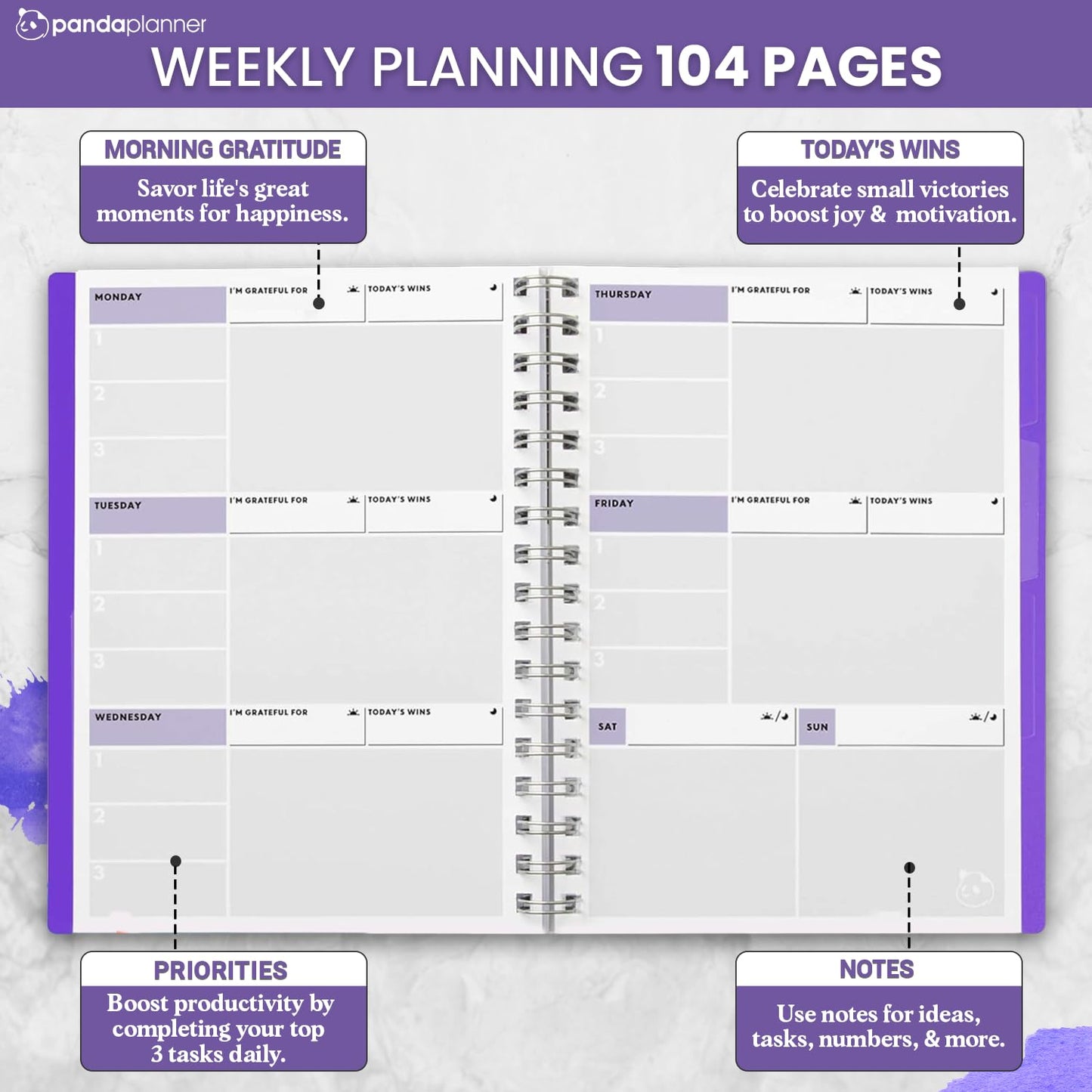 Panda Planner 2026 Undated Weekly Planner – Spiral Notebook 5.75" x 8.25" with 52 Weeks, Habit Tracker & Weekly To-Do Lists – Academic Planner & Productivity Organizer for Home, Office & School (Purple)