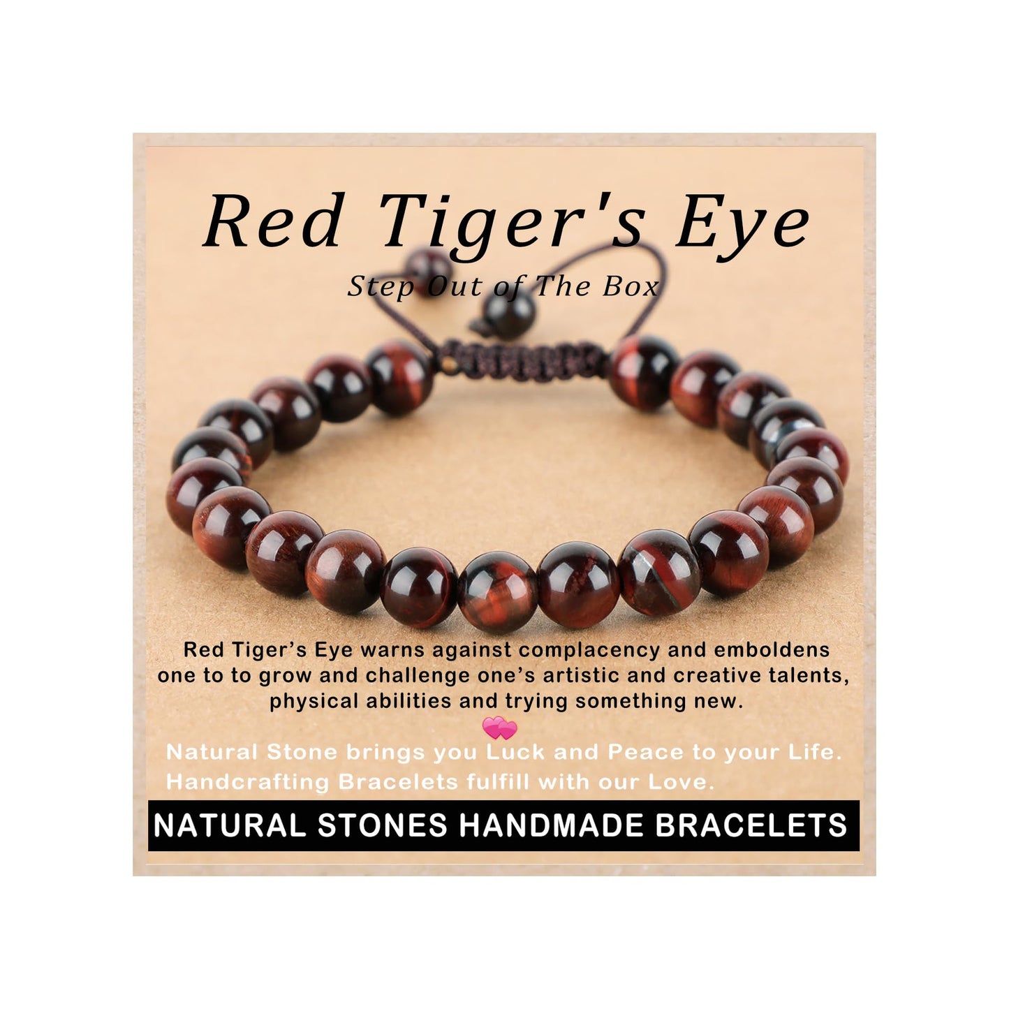 AD Beads 8mm Red Tiger's Eye - Challenge oneself - Handmade Natural Stone Crystal Bracelet with Adjustable Macrame String - Yoga Healing Power Energy Gifts for Men and Women