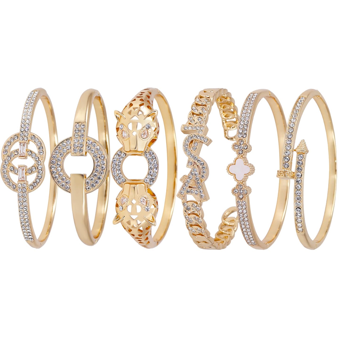6PCS Gold Bangle Bracelet Set for Women, Light Luxury High-End Designer Style, Zinc Alloy with Cubic Zirconia, Stackable, Ideal Gift for Birthday Christmas Valentine's Day Mother's Day