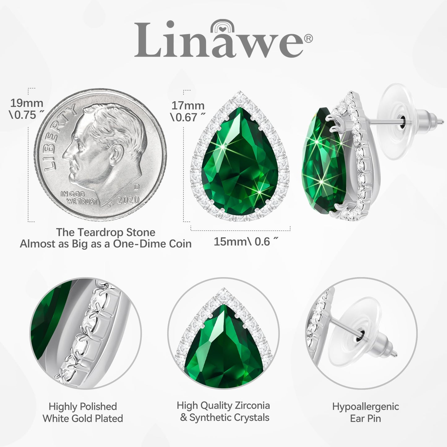 Linawe Silver Emerald Green Stud Earrings, Imitation Diamond Cubic Zirconia Earrings Studs Women, Teardrop Rhinestone Crystal Formal White Gold Earring Set Wedding Bridal Bridesmaid