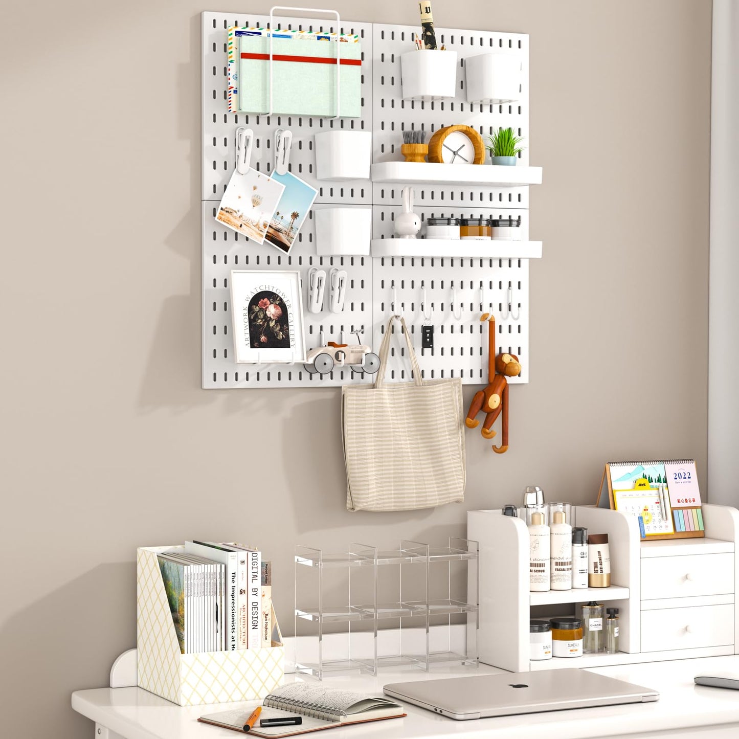 VEOFEMLEA Peg Board Combination Kit, 4 Pegboards with 20 Accessories, Pegboard Wall Organizer for Office, Nursery & Home Storage, Key Holder, 25.6"x25.6" – Nail-Free Installation（White）