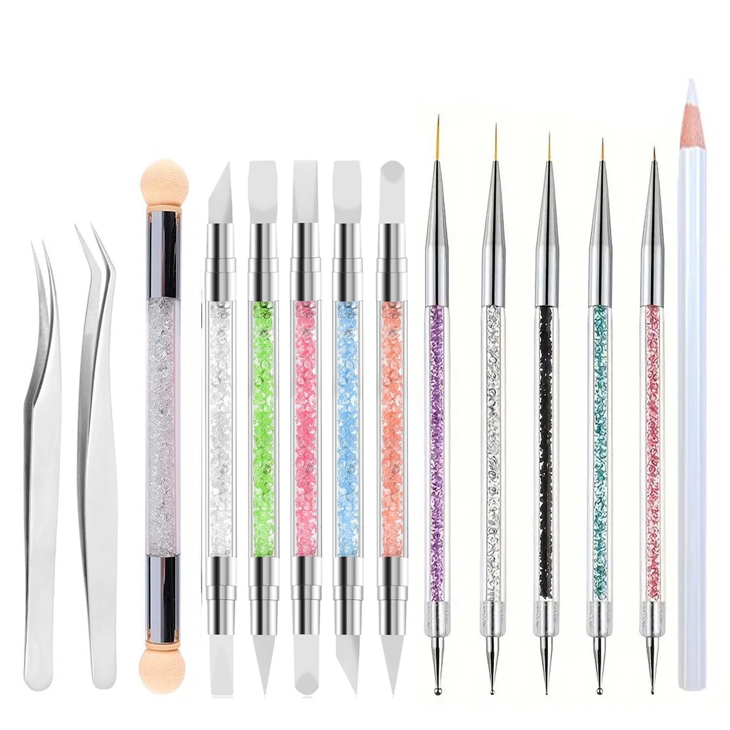 Gmtglla 14 Pcs Nail Art Tool Kit with Silicone Carving Brushes & Ombre Sponge Pen, Professional Dual-Ended Dotting & Liner Tools, Wax Picker Pencil & 2 Tweezers for 3D Nail Design DIY Manicure