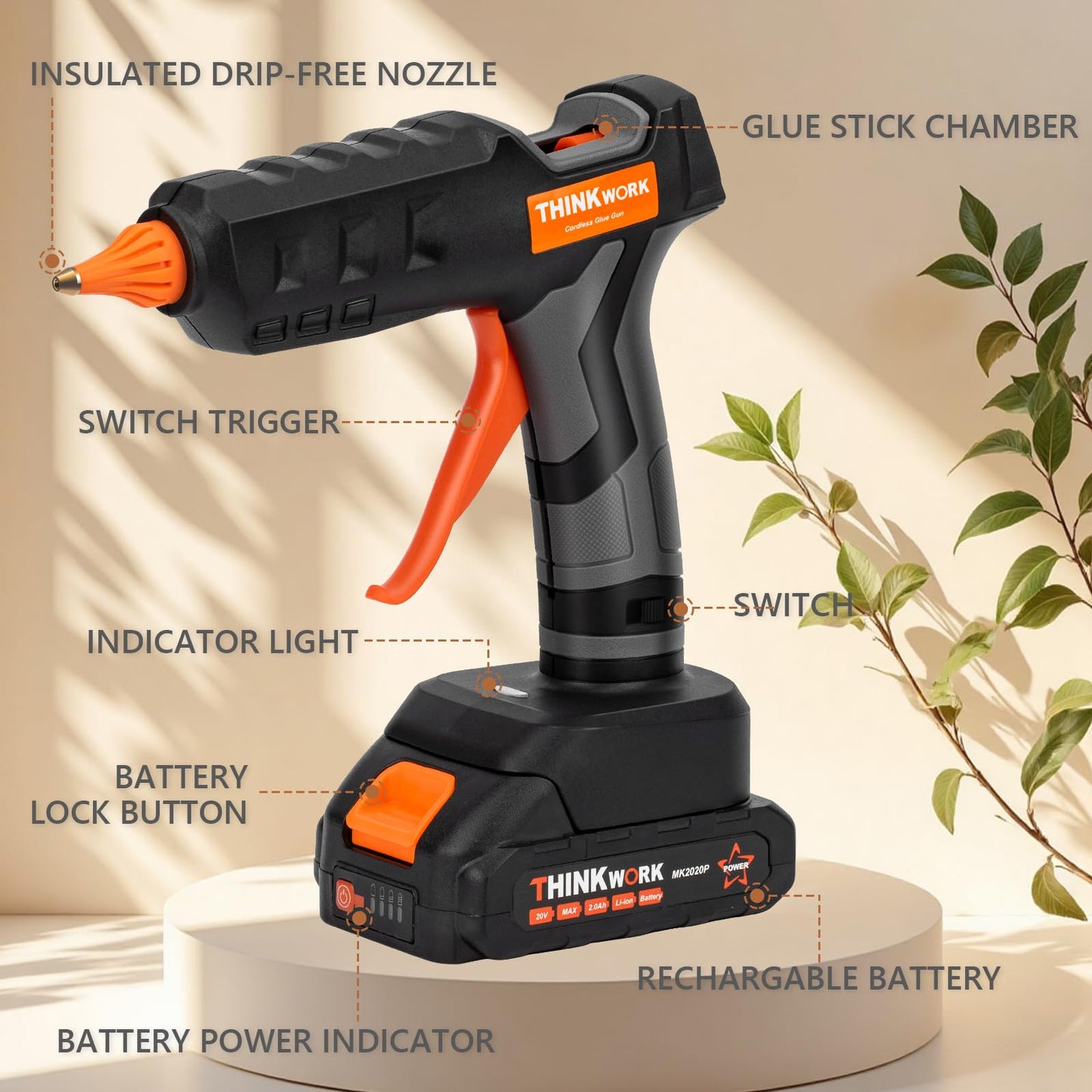 THINKWORK 20V Cordless Hot Glue Gun and Sticks Set, Rechargeable Glue Gun with 30 PCS Full Size Sticks and Battery, Fast Heating for Arts & Crafts, DIY Projects and Home Repairs