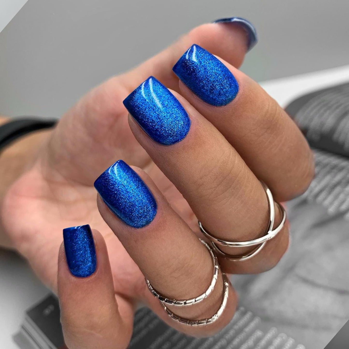 KQueenest Royal Blue Chrome Press on Nails Short Medium Square&Royal Blue Glitter Press on Nails Short Square For Beach Party Daily Decoration in 48 PCS