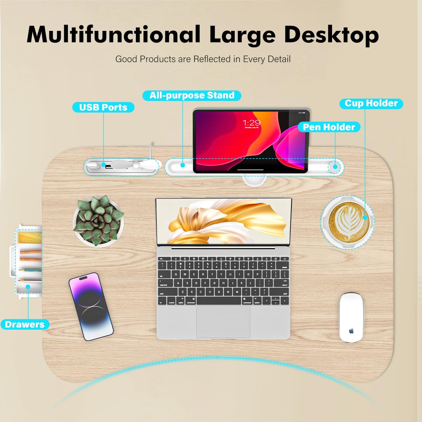 Lap Desk for Bed Adjustable Height, Foldable Bed Table with Storage Drawer, Tablet Slot & Cup Holder, Portable Laptop Stand for Bed & Sofa, Bed Desk for Adults & Kids, Glacier