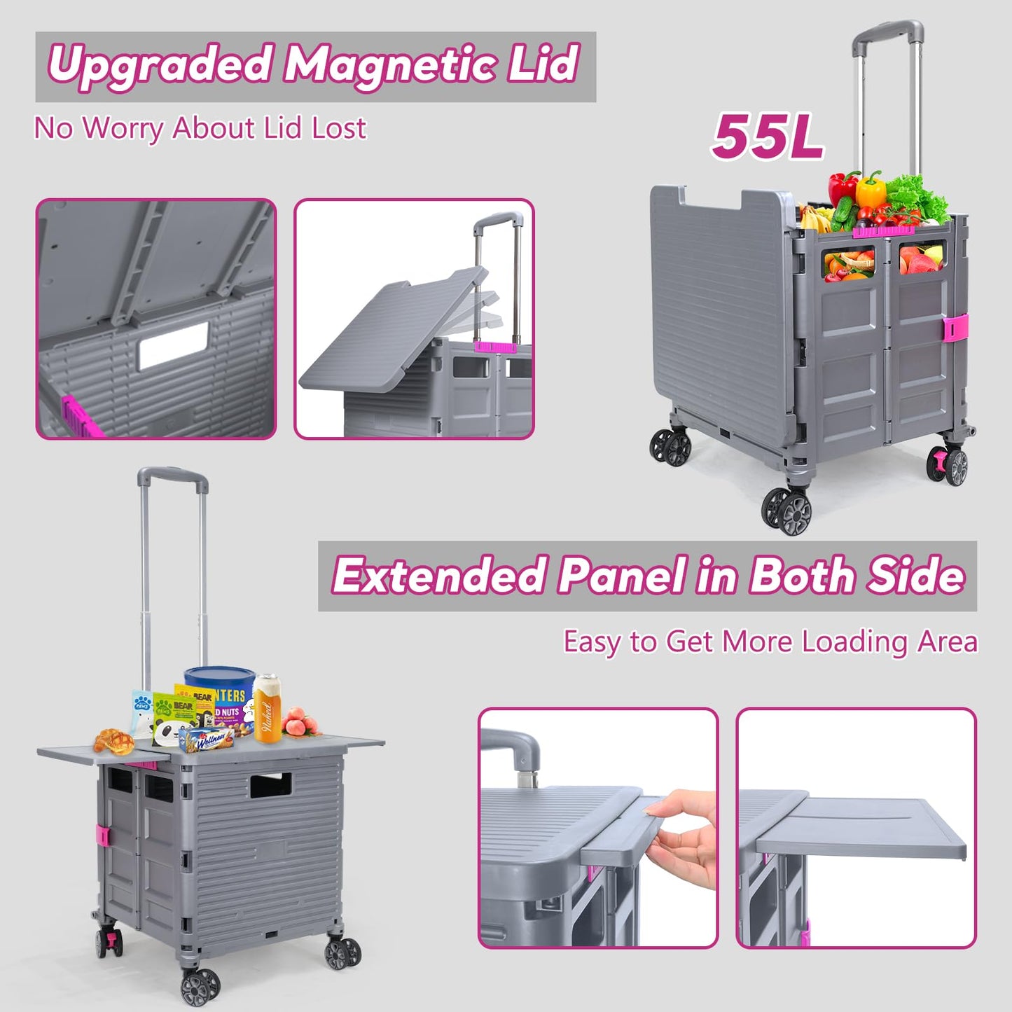 FELICON SELORSS Folding Utility Cart Rolling Crate Tote Basket Box Storage Handcart on 4 Swivel Wheels with Adjustable Handle Extended Magnetic Lid for Teacher Move Shop Travel Grocery Office(Gray)