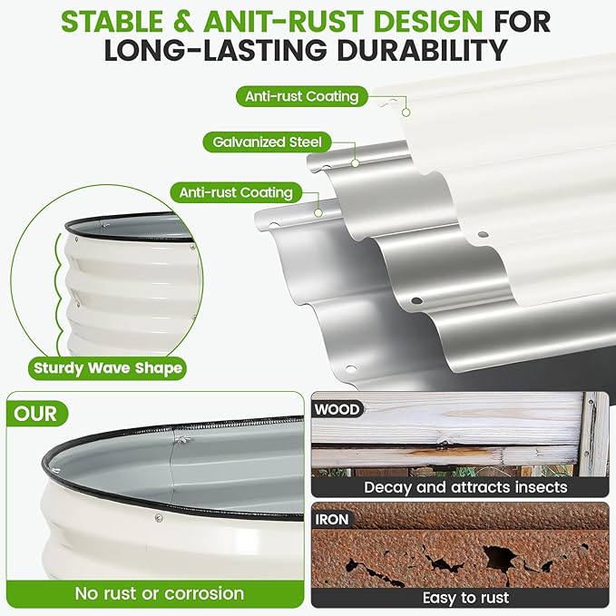 Galvanized Raised Garden Bed Outdoor |17'' Tall Planter Box Outdoor for Deep Root Plants | 3Pcs Raised Bed Kit for Gardening with Rubber Strip for Vegetables Flowers Fruits (White, 4x2x1.4FT)