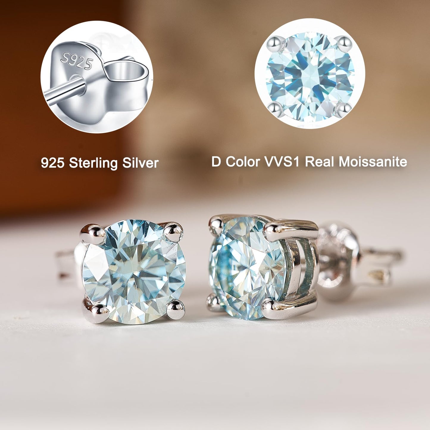 YODEWA Moissanite Stud Earrings for Women 925 Sterling Silver Hypoallergenic Butterfly Back 1 Pair DEF Color Lab Created Brilliant Round Moissanite Earrings (Blue 2CT)