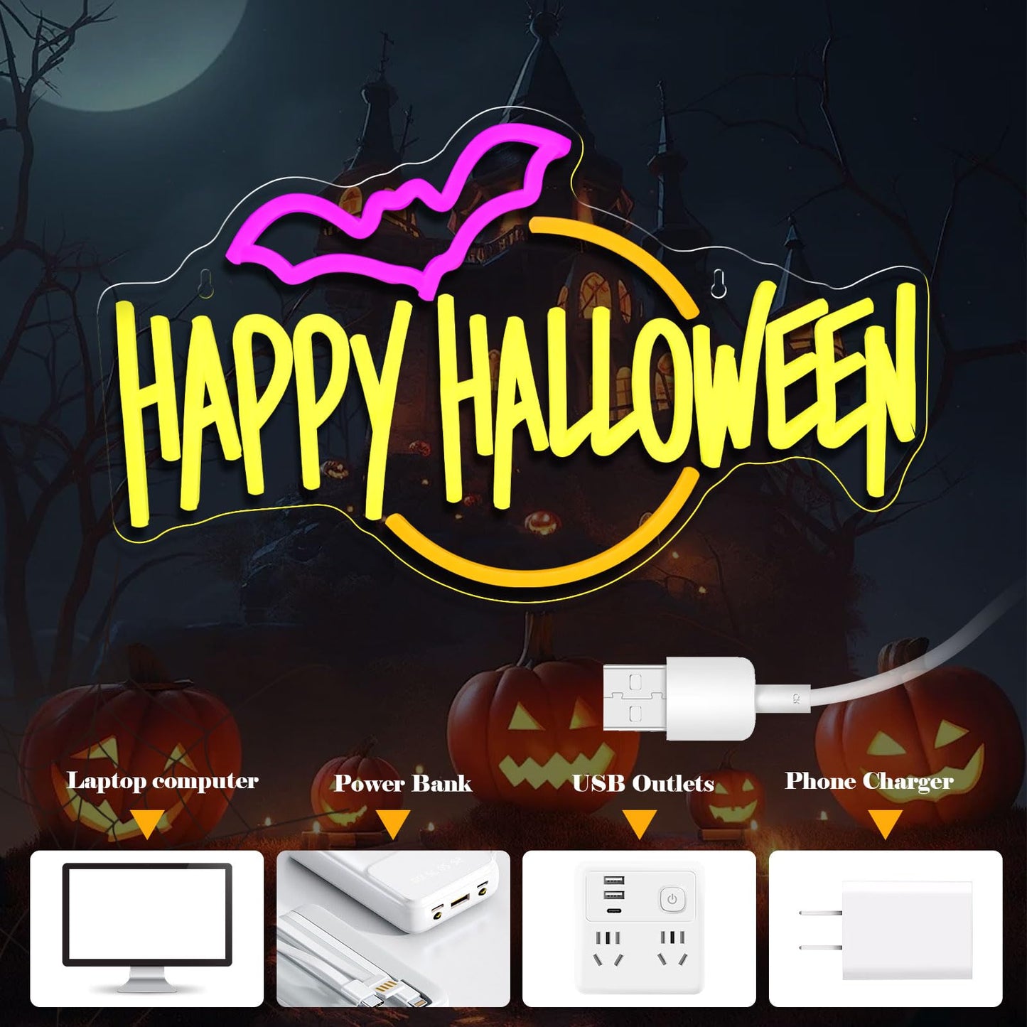 Gevbay Happy Halloween Neon Sign Bat LED Light Up for Bedroom Home Bar Halloween Decor Trick or Treat Party Backdrop USB Powered