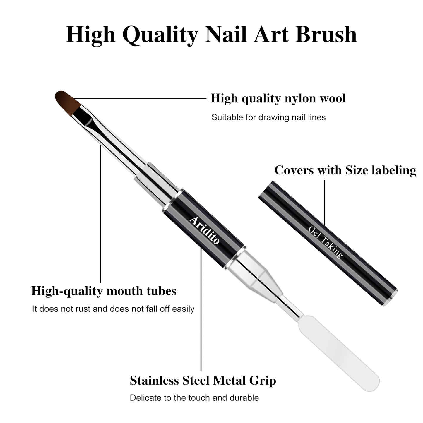 Aridito One 7-Pin Stainless Steel Nail Tool And 5pcs Double-Ended Nail Art Brushes Set With 5/10/15/20mm Liner Brushes, Gel Taking, Ombre/Flat/3D/Oval/Angled Brushes For DIY Manicures & Salons