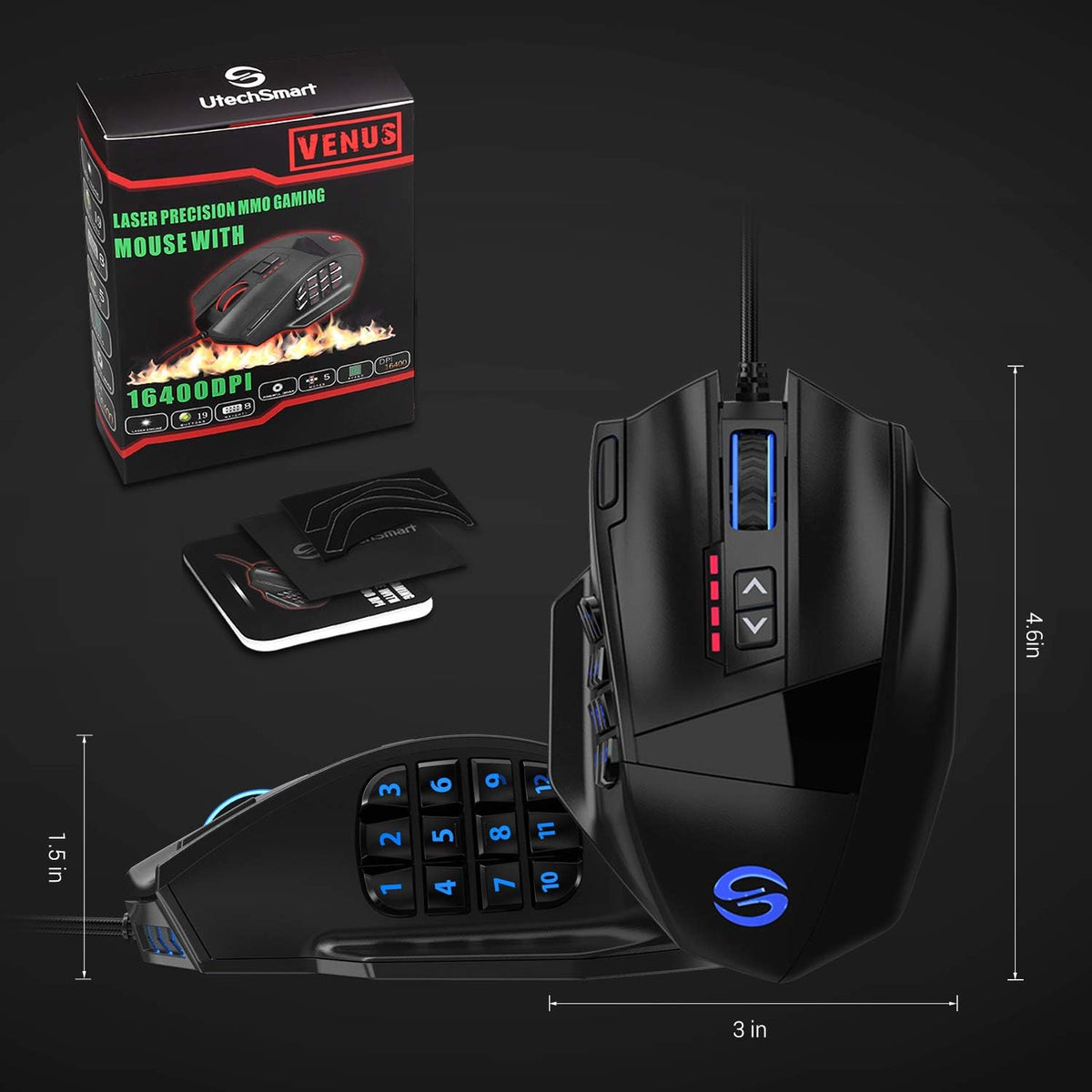UtechSmart Venus Gaming Mouse RGB Wired, 16400 DPI High Precision Laser Programmable MMO Computer Gaming Mice [IGN's Recommendation]
