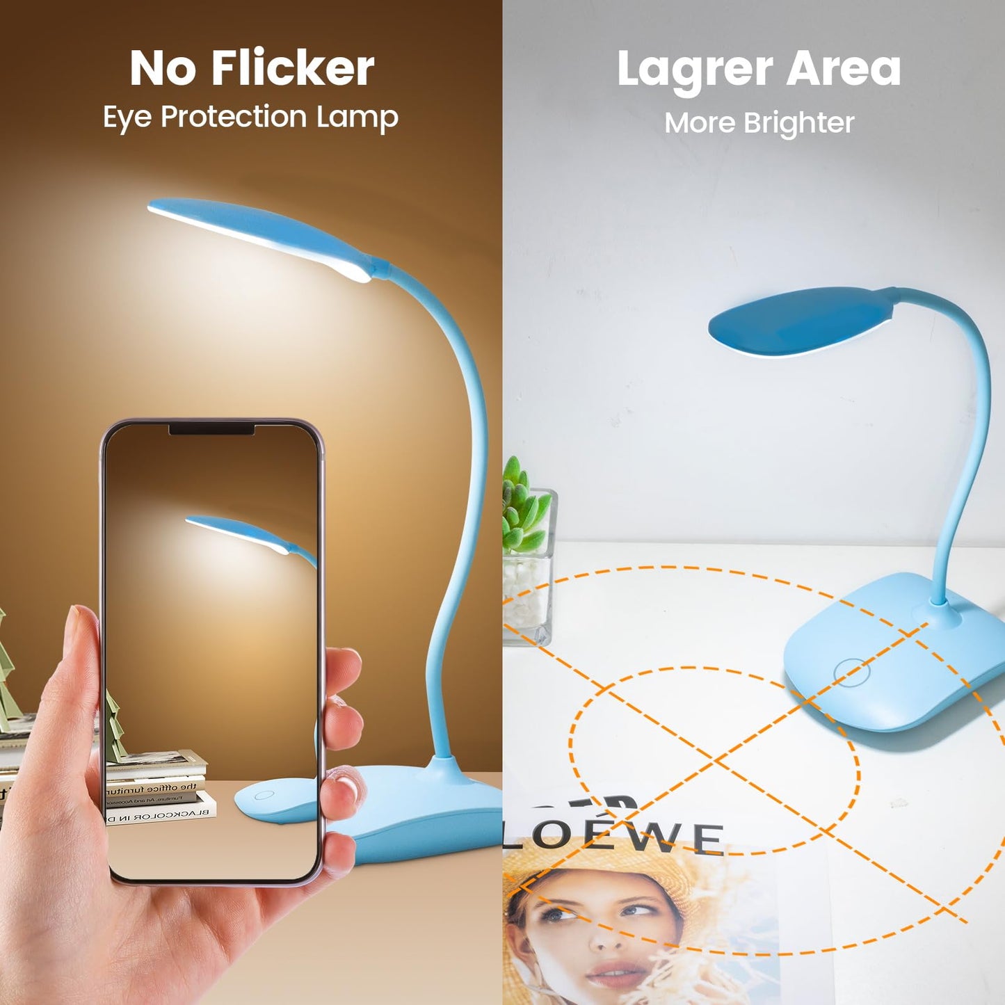 Battery Powered Desk Lamp, Portable Lamps Rechargeable 3 Color Modes Touch Control Stepless Dimming, Wireless Desk Lamp with 4000mAh, Small LED Table Light for Dorm Study Office Bedroom,2-Pack,Blue