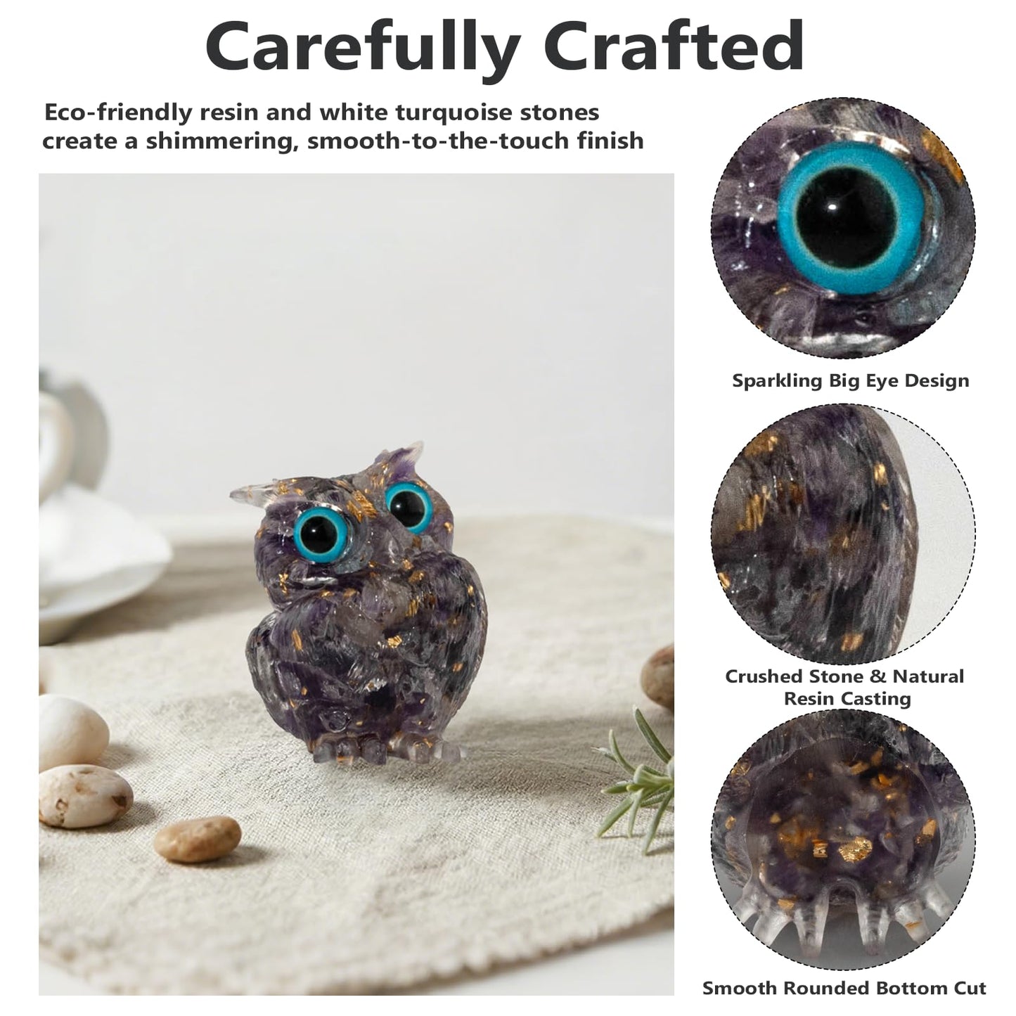 PinpinPony Owl Statue, Natural Gemstones Decor for Home Office, Shelf Display Figurine, Handcrafted Unique Owl Sculpture(Purple)