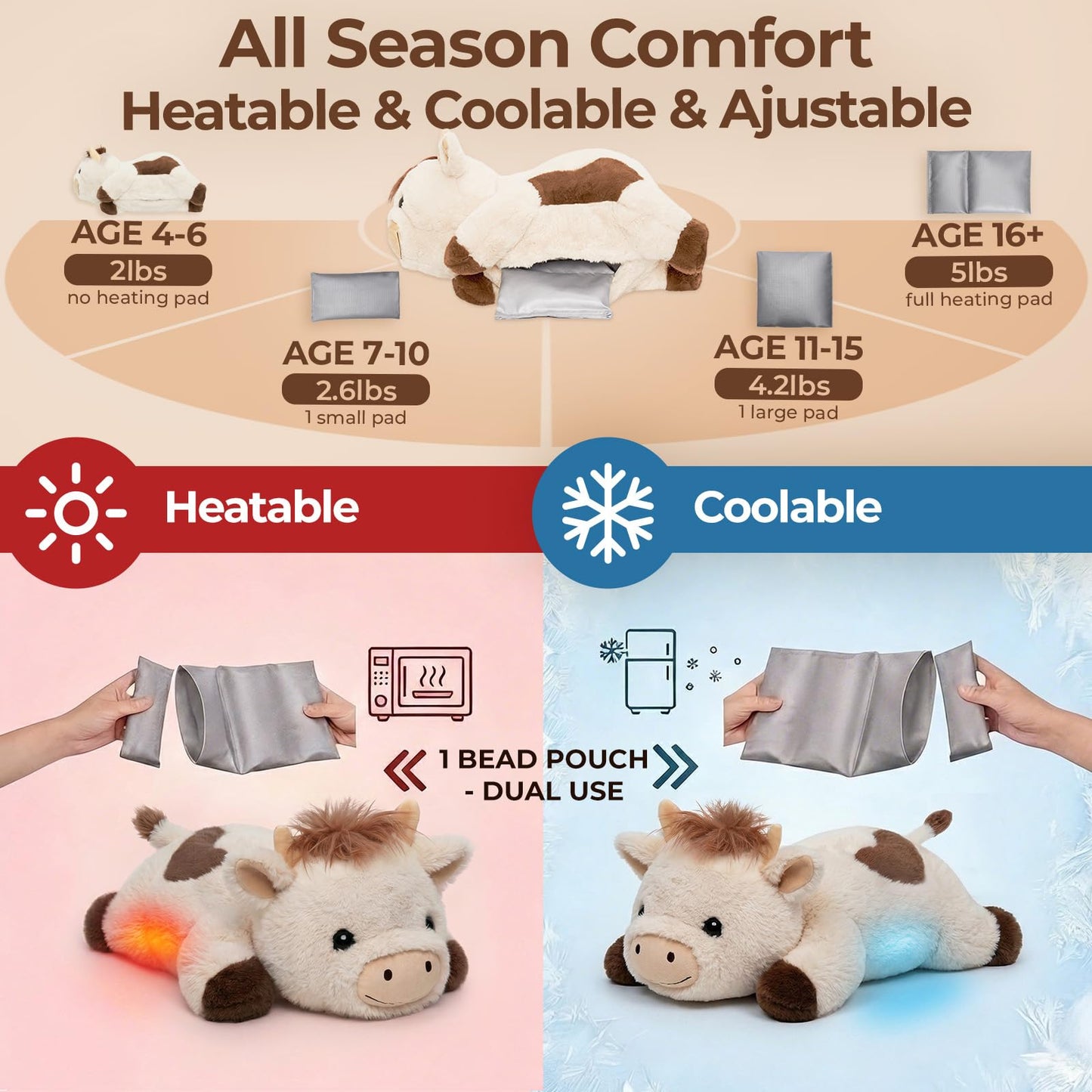 Mewaii Weighted Stuffed Animals for Adults & Kids, 2-5 lbs - 23" Heatable Coolable Cow Plush, Microwavable Adjustable Removable Inner Pad, Realistic Hug Comfort Gift (White)