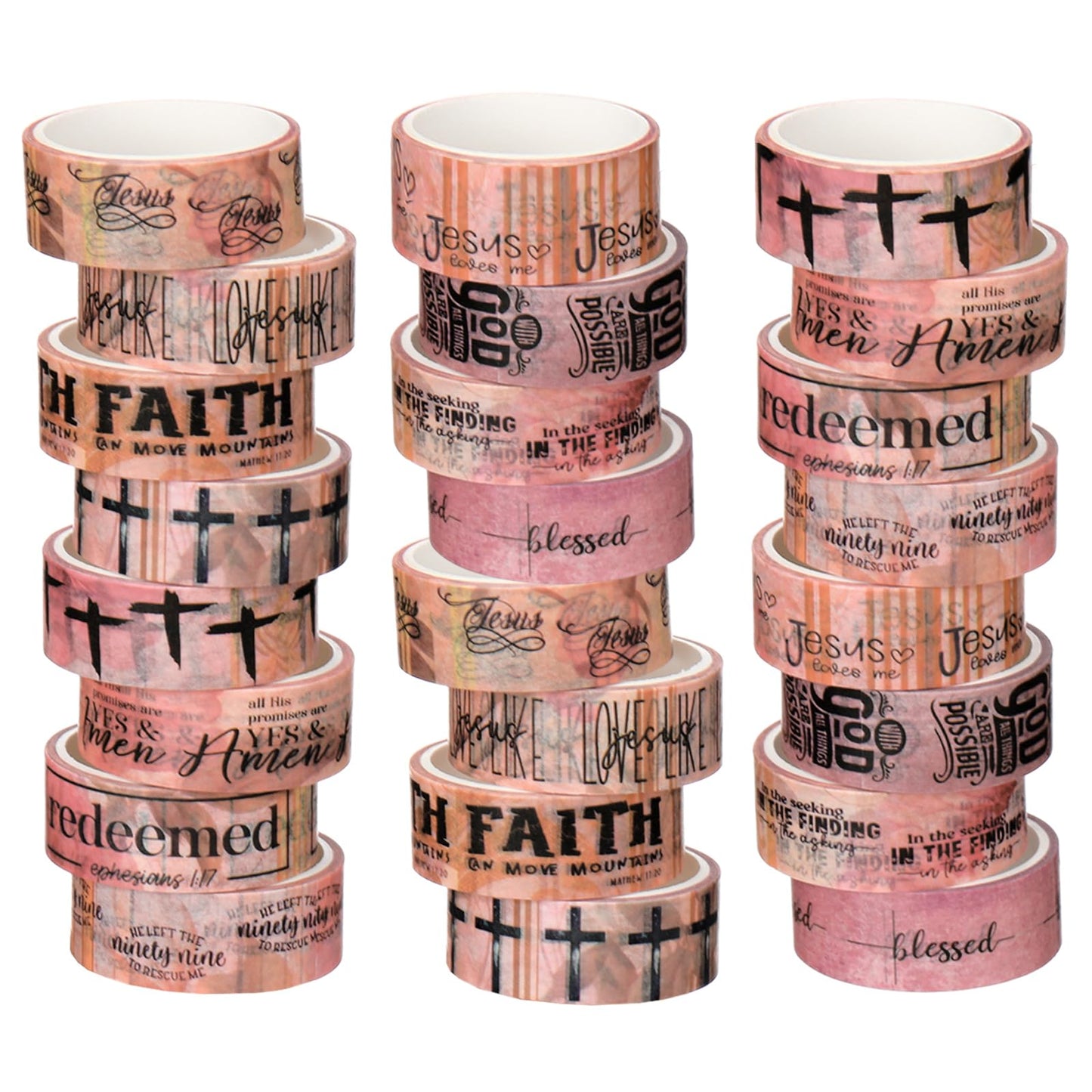 Janlaugh 24 Rolls Christian Washi Tape Gifts Bulk Religious Inspirational Scripture Supplies Pink Bible Verse Washi Tape for Bible Journaling Study DIY Crafting Easter Gifts