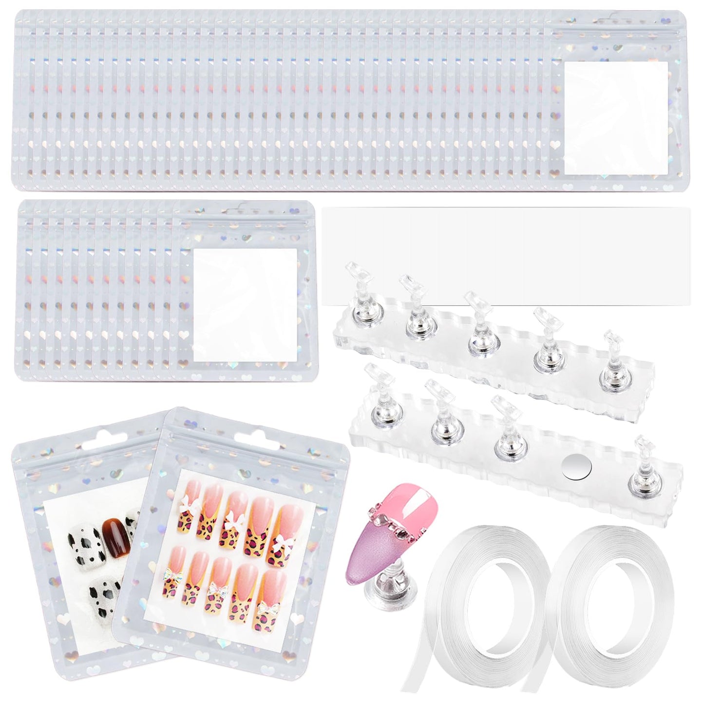 ESUOHYM 50 PCS Nails Packaging Bags with Nail Stand for Fake Nail, Holographic Press On Nail Storage Container Nail Art Kit for Diy Design,Nail Cardboards with 2 Double-sided Tape Salon Home White