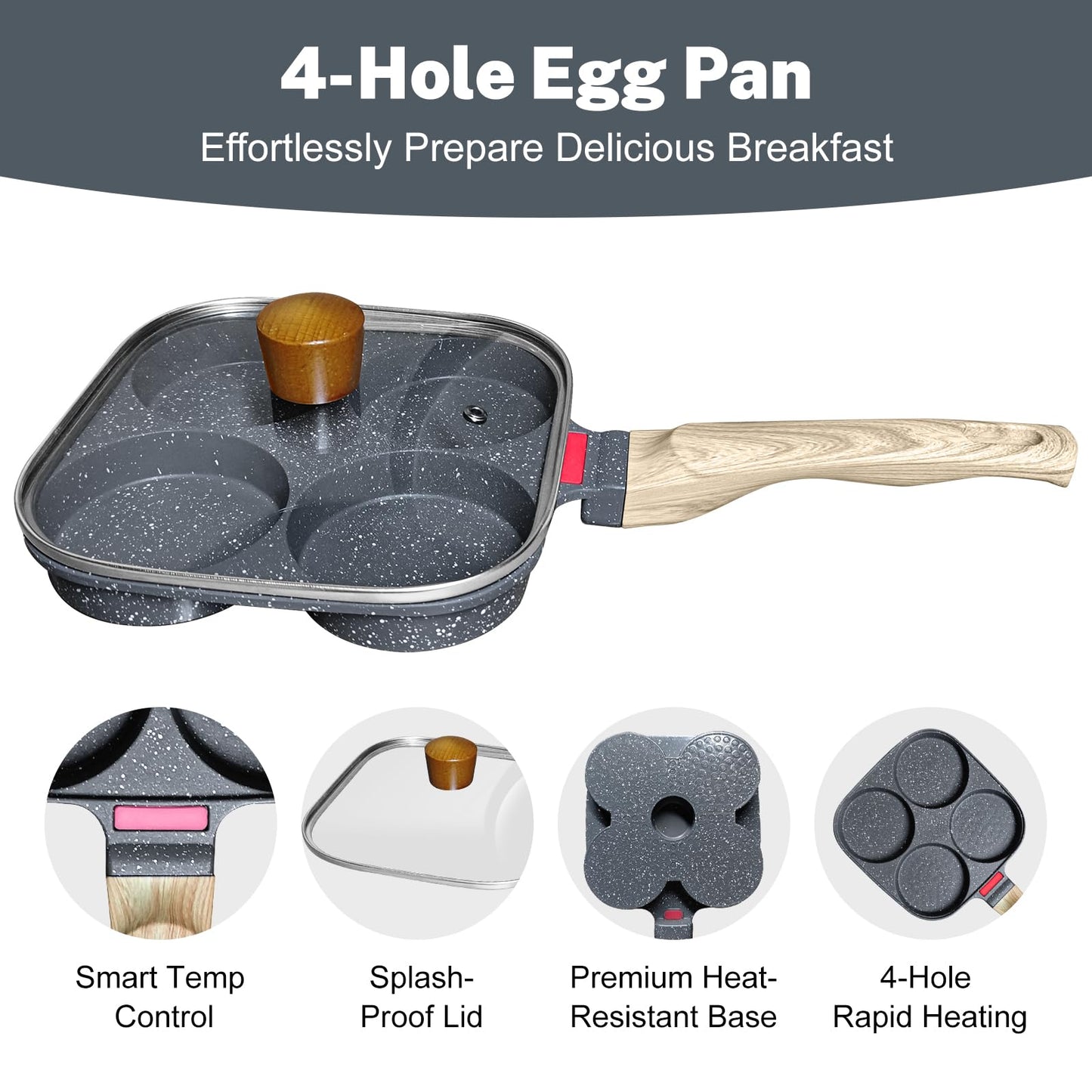4‑Cup Nonstick Egg Pan Set with Lid – Aluminum Omelette Skillet for Breakfast, Includes Silicone Scraper, Oil Brush, Chopsticks & Cleaning Cloth – Compatible with Gas & Induction Cooktops (Black)