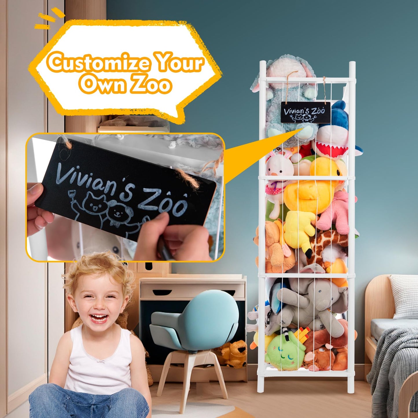 BEINGMATE Care Large Stuffed Animal Storage Organizer, Wooden Stuffed Animal Storage Zoo, Toy Holder, Space Saving Toy Tower for Kidroom, Playroom, Kid’s Gift, White