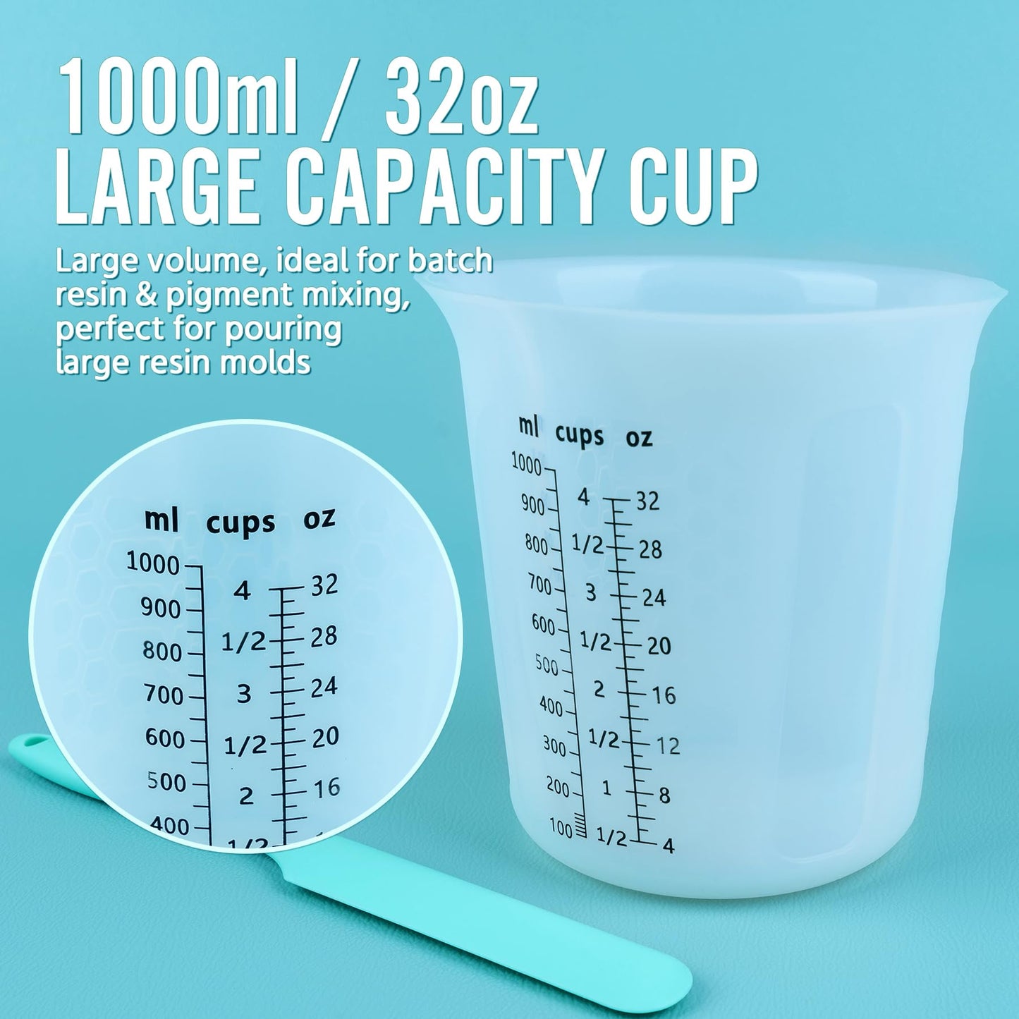 SWIGRANCE Silicone Resin Mixing 1L Measuring Cup Set for Resin Supplies, Easy-to-Read Marks, 1000ml/32oz Large Cup, 500&250&100ml Thickened Reusable Silicone Cups for Epoxy Mixing, Jewelry Making