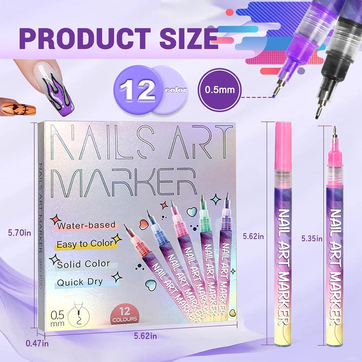 Nail Art Pens Set 12Colors, 0.5mm Fine Tip 3D Acrylic Polish Pen, Waterproof Quick-Drying Dotting Graffiti Drawing Liner Brush, DIY Nail Art Design Manicure Tools for Beginners Women Home Salon Use