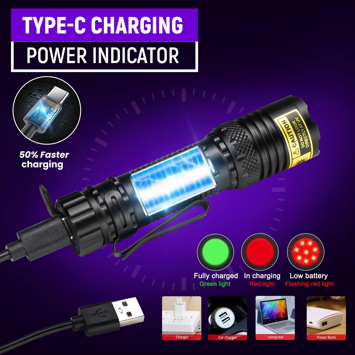 DARKDAWN UV Flashlight 395nm Black Light Mini USB Rechargeable Ultraviolet LED Blacklight Woods Lamp Powerful Fluorescent Portable Detector for Pet Urine Stains, Scorpions, Resin Curing
