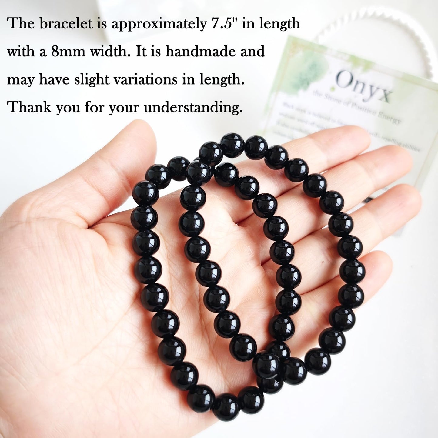 Handmade Natural Gemstone Elastic Bracelet - Healing Crystal Beads Jewelry, Unisex (Black Onyx, 8mm)