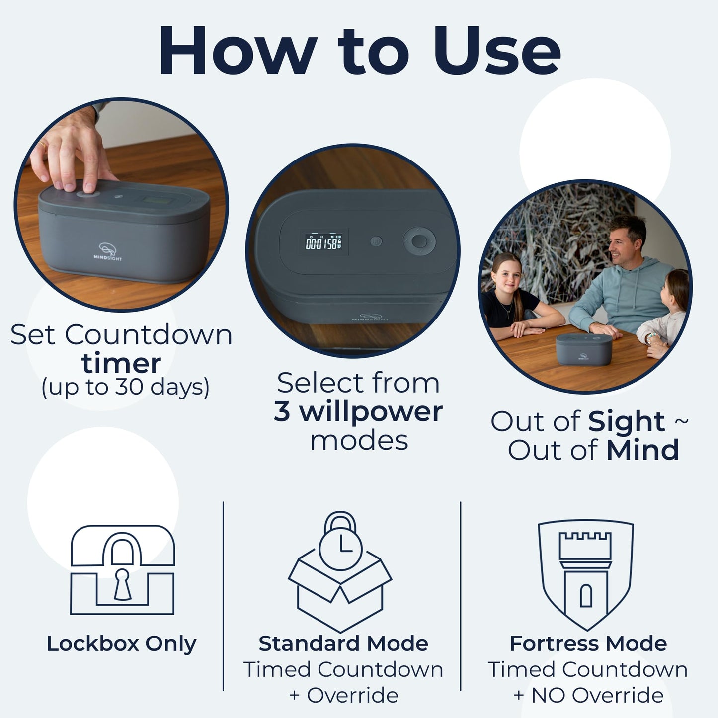 Mindsight Timed Lock Box | Unplug from Phones, Video Games, Social Media, Snacks & Cravings | 3 Modes based on Willpower | Easy to Use | Out of Sight ~ Out of Mind | Boost Your Mental Wellness
