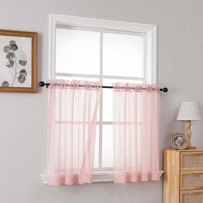 Blush Pink Sheer Curtains Tier 30 Inches Length 2 Panels, Light Filtering Lightweight Soft Window Treatments Drapes, Cute Elegant Cafe Curtains for Nursery, Dual Rod Pocket, 2x42Wx30L Inches