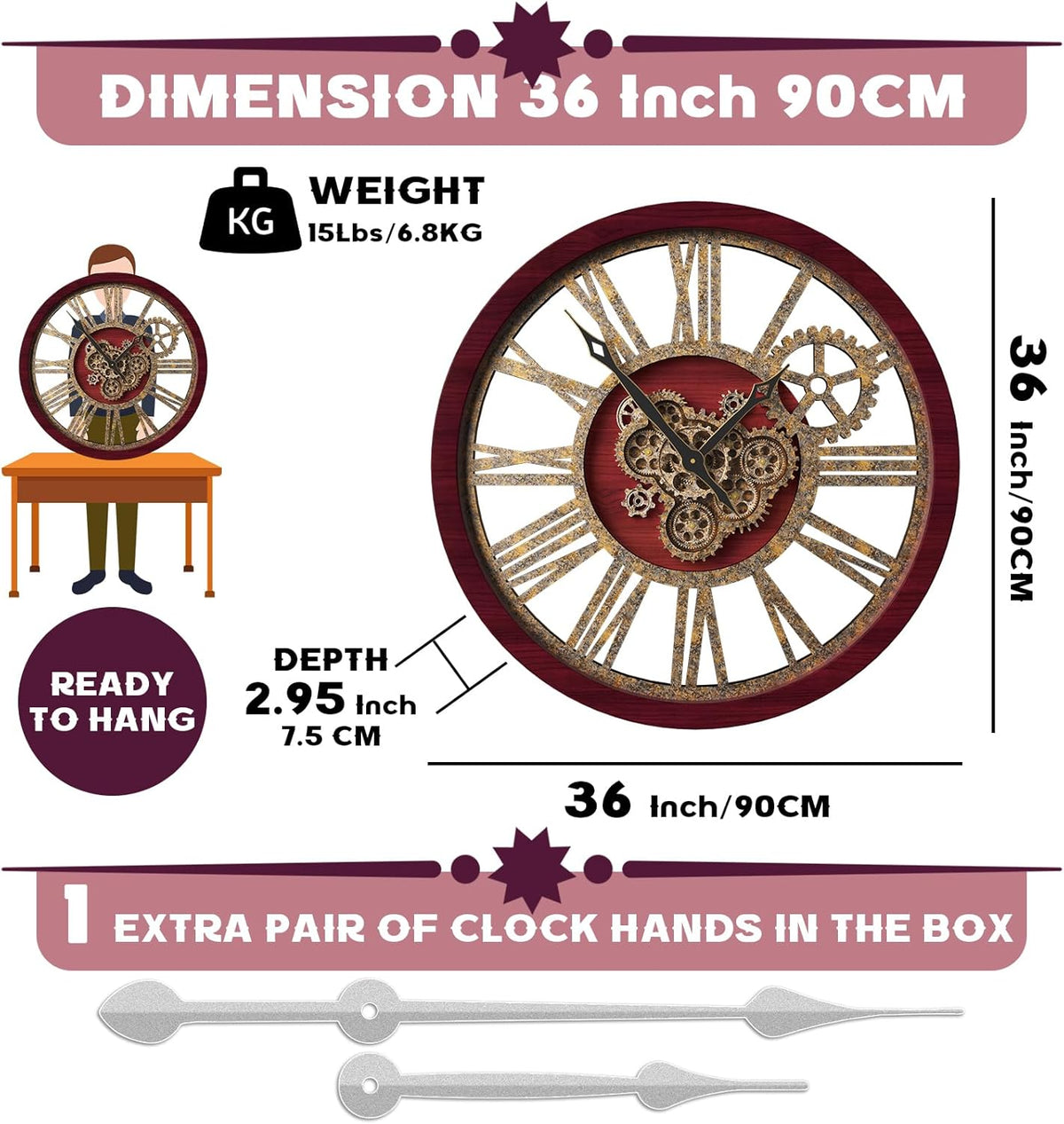 The B-Style Large Wall Clock 24 inch Moving Gear Wall Clock Oversized Vintage Farmhouse Wall Clocks for Living Room Decor Rustic Industrial Wood Clock (Cherry red and Bronze, 36 inch/90cm)