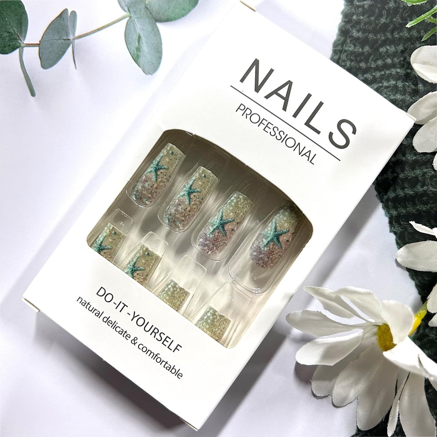 LOPMNGHT Press on Nails Medium Square Nails Artificial Acrylic Fake Nail Light Blue Starfish with Glitter Powder Design Glossy Stick on Nail Full Cover Reusable Coffin Fingernails for Women 24Pcs
