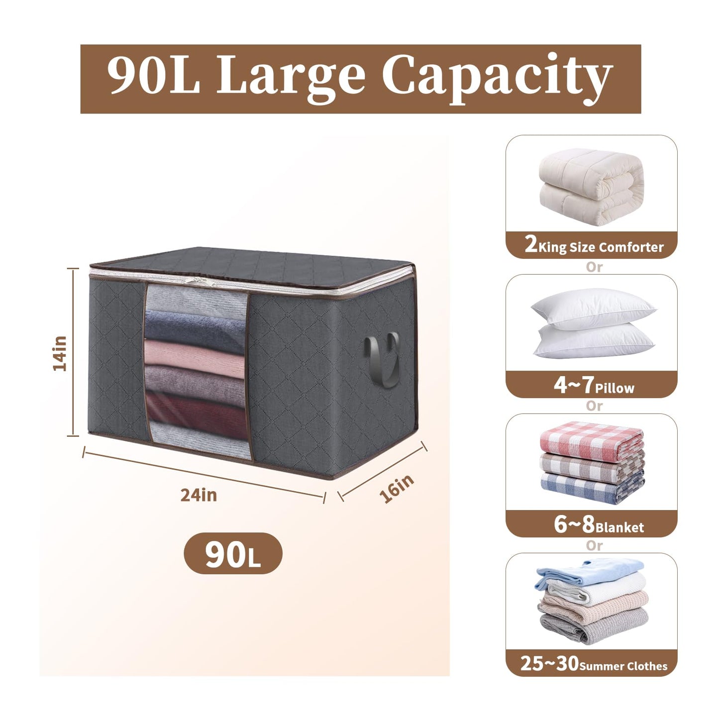 90L Clothes Blanket Storage Bags, 6 Pack Under Bed Storage Bins with Lids, Foldable Closet Organizer with Reinforced Handles for Clothing, Blanket, Comforters, Bed Sheets, Pillows and Toys, Gray