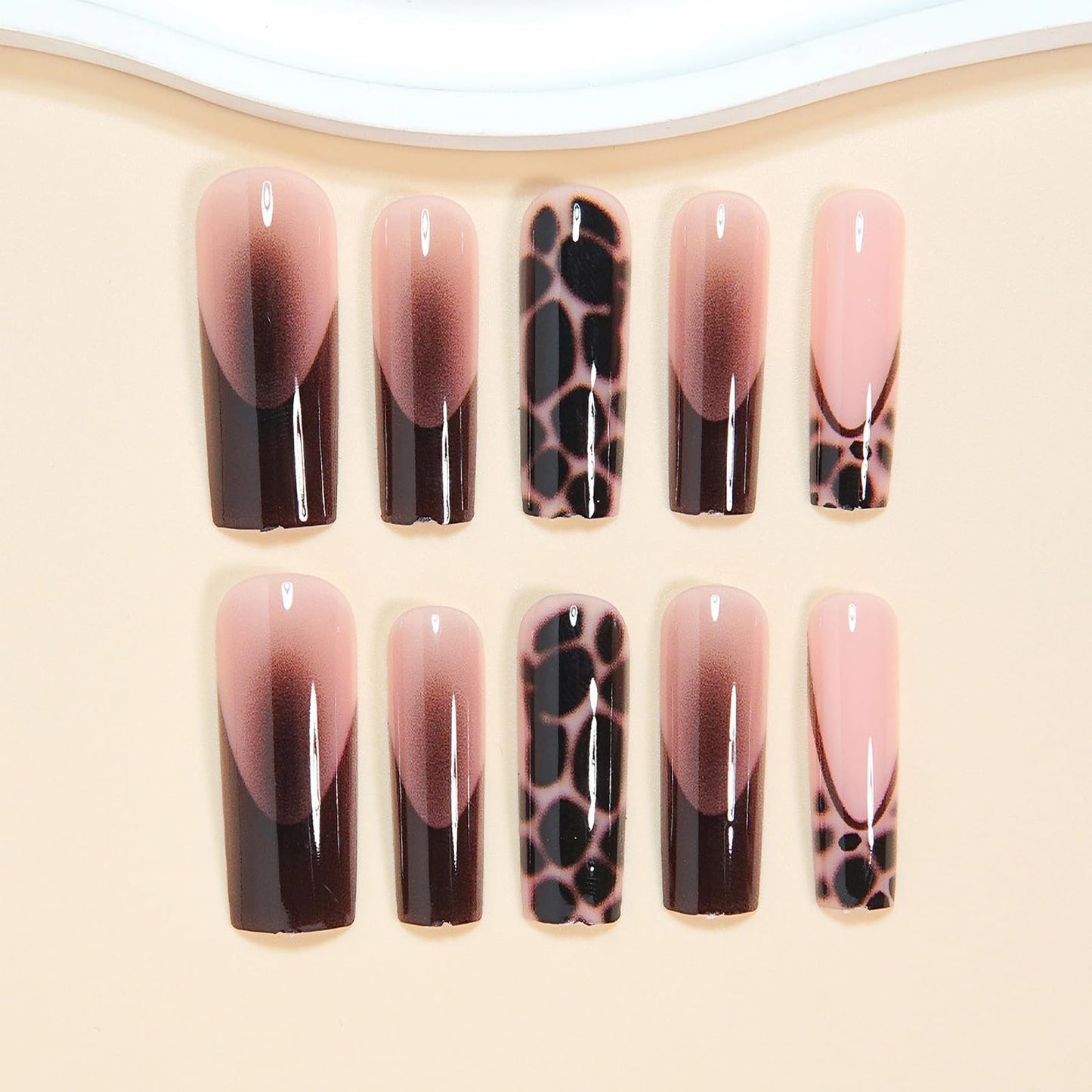 MISUD Press on Nails - Long Square Fake Nails with Black Brown French Tip, Acrylic Tortoise Design 24 pcs
