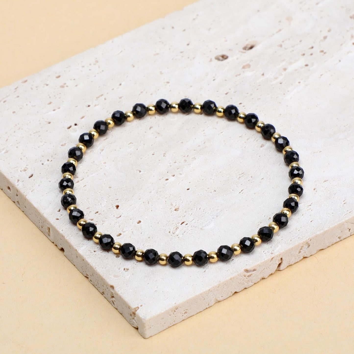 QOGIR Black Onyx - Protecting and Grounding - 14K Gold Plated Beads Natural Gemstone Stretch Elastic Dainty Healing Beaded Bracelets Gifts 4mm