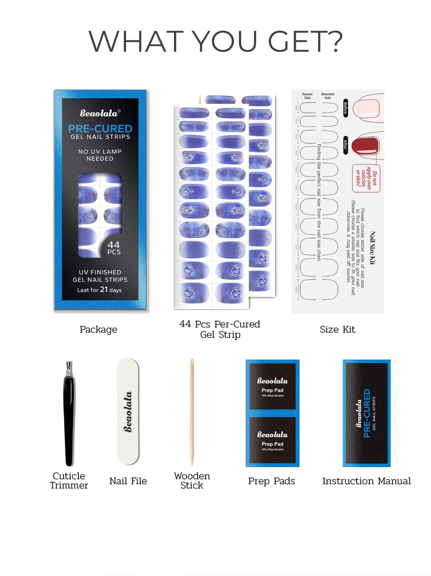 Beaolata Real Gel Nail Strips (No UV Light Needed) - 44Pcs Salon Quality Nail Stickers - Long Lasting Polish Wraps for Women, Easy Apply & Remove (Crystal Blue