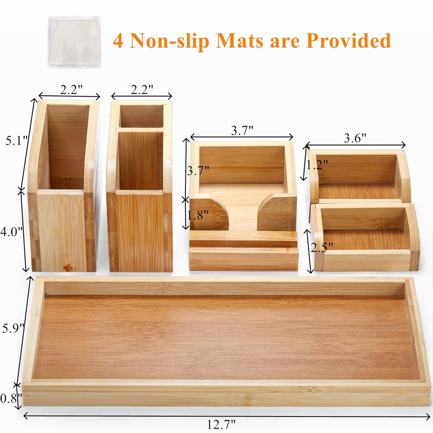Cididu Bamboo Desk Vanity Tray, 7 Pieces Adjustable Pen Holder Stationery Caddy, Bathroom Vanity Organizer Set, Sturdy Countertop Tray Storage Boxes Office Supplies for Makeup Small Items Home Kitchen