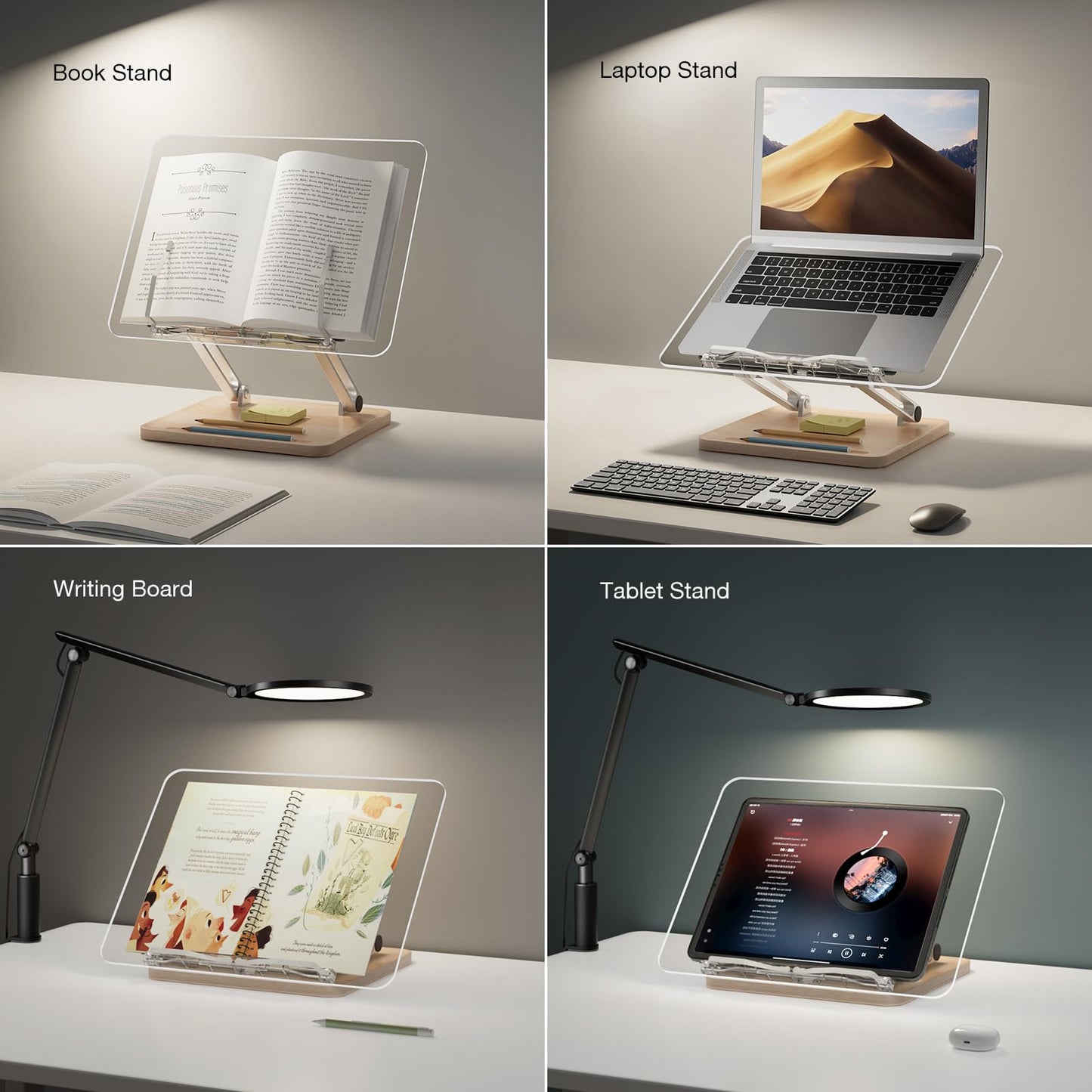 Adjustable Acrylic Book Stand for Reading, Book Holder with Pen Slot, Foldable Desktop Riser for Laptop, Recipe, Textbook - Hands-Free,Cookbook Stand, Clear Design with Page Clips