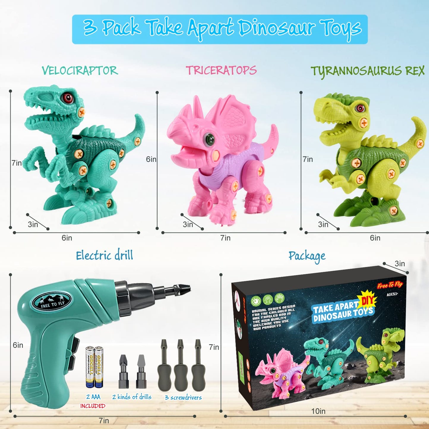 FREE TO FLY Dinosaur Toys for 3 4 5 6 Years Old Girls, Take Apart Dinosaur Learning Toys for Kids 3-5 5-7, STEM Building Construction Set with Electric Drill, Birthday Ideas
