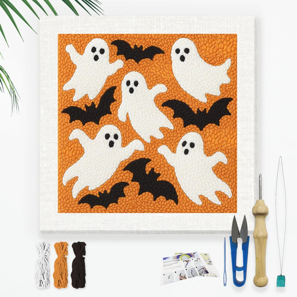 Doodlream Halloween Ghosts DIY Punch Needle Embroidery Kit for Adult Beginner, 9.4" Bat Punch Stitching Craft Set for Starter with Frame, Fabric Pattern, Threader, Yarn, Pinch Needle