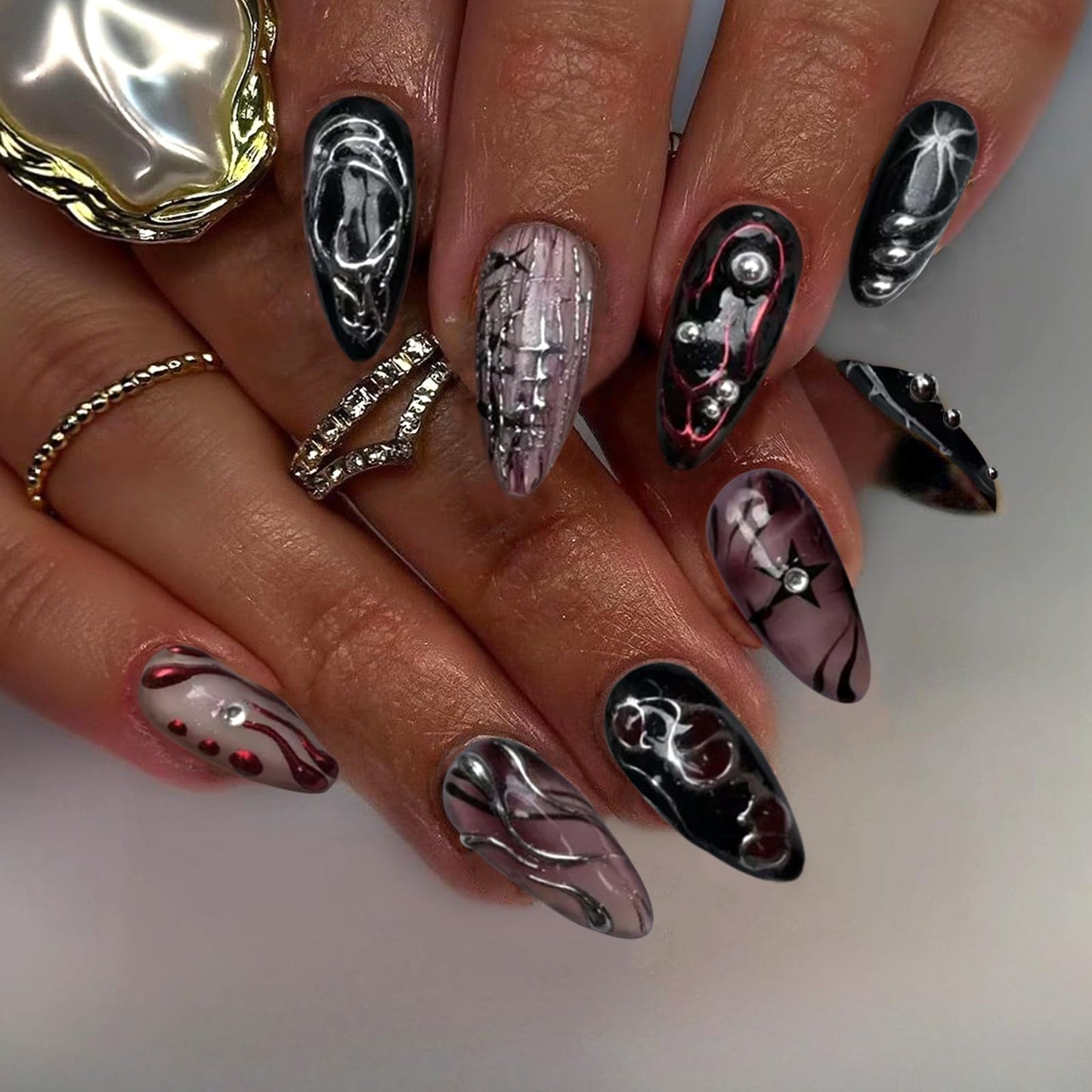 VOTACOS Goth Red Black Press on Nails Almond Medium Acrylic Fake Nails Press Ons with Glue 24Pcs Silver Lines Beads Y2K Stick on Nail with Designs 3D Star Artificial Glue on False Nail for Women