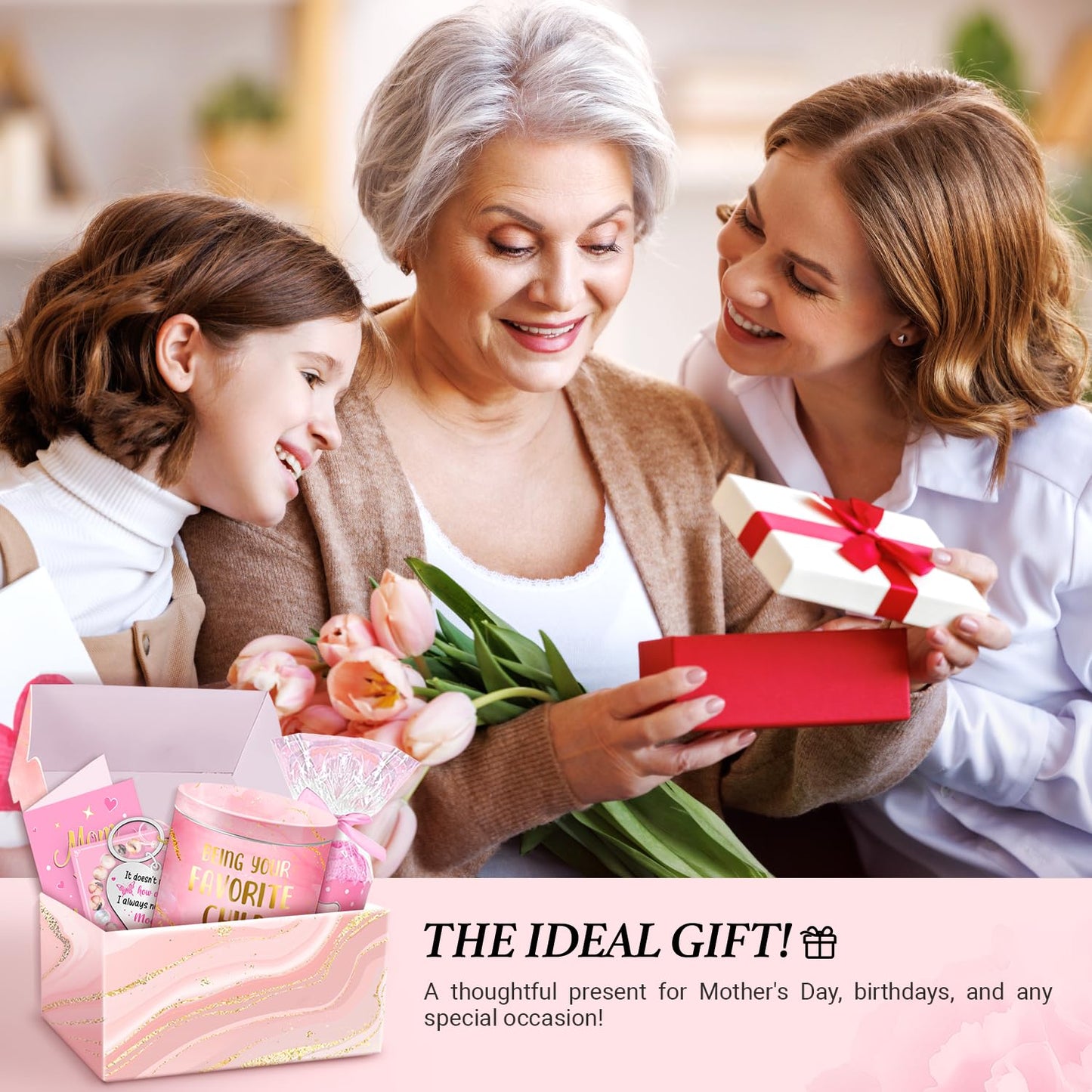 Mothers Day Gift for Mom - 5pc Gift Set Bundle with Scented Candle, Bracelet, Socks, Birthday Christmas Presents from Daughter Son, 5-Item Box