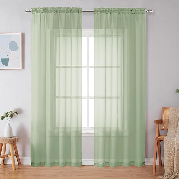 Simplebrand Light Green Sheer Curtains 84 Inches Long 2 Panels, Light Filtering Rod Pocket Solid Color Window Sheer Curtain Panels, Elegant Curtains & Drapes for Living Room, Bedroom, 42" W x 84" L