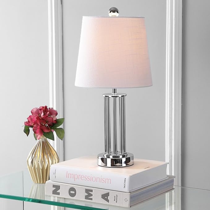 JONATHAN Y 18" Chrome Lillian Metal Mini LED Table Lamp, Modern Transitional Tri-Pillar Iron Bedside Lamp for Living Room Bedroom, White Linen Shade, LED Bulb Included JYL2025A
