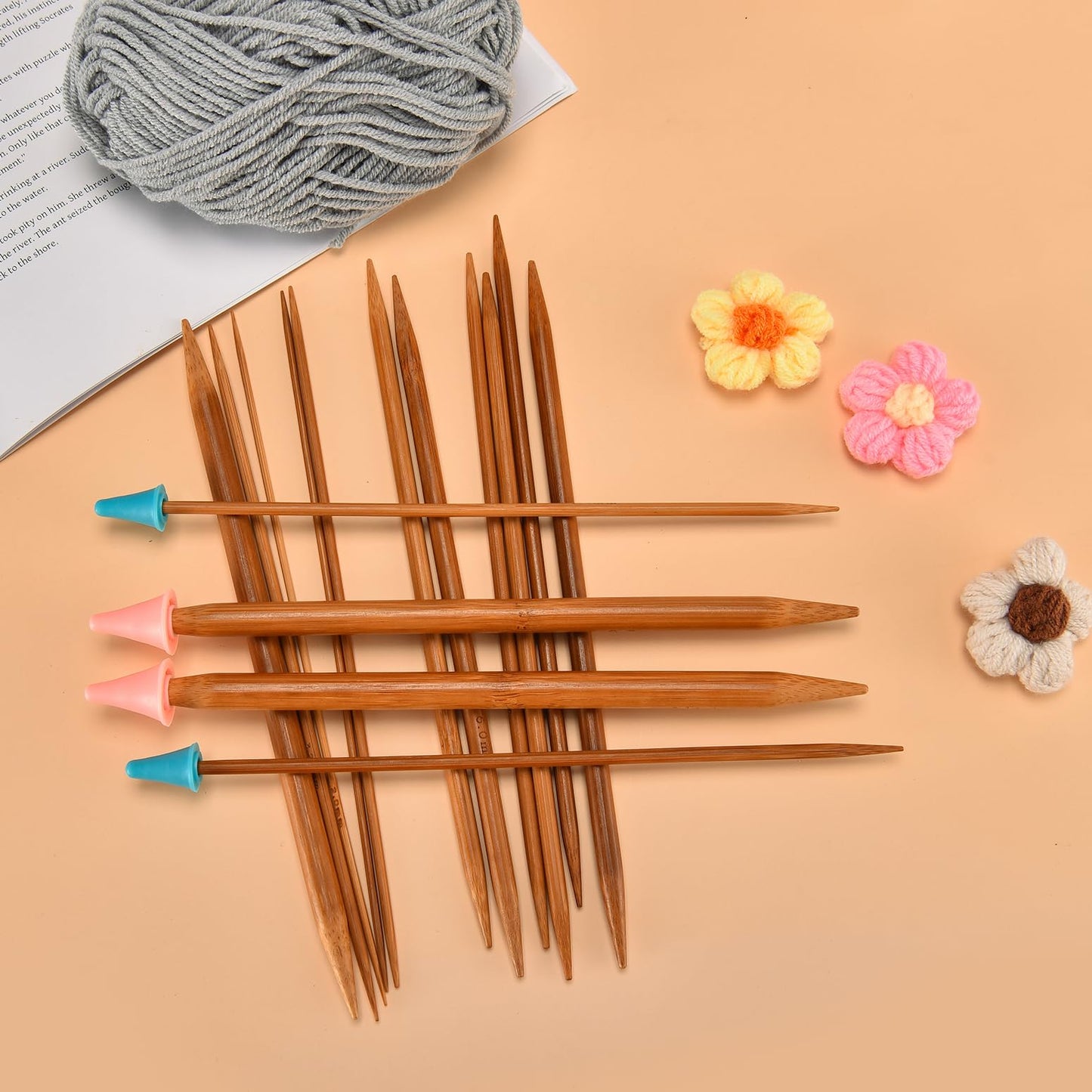 Double Pointed Knitting Needles Set,75 Pcs Wooden Bamboo Knitting Needles Kit,15 Sizes from 2.0mm-10.0mm,with Small Tools,Straight Wood Needles for Beginners,Making Sweater,Scarf,Sock,Weave