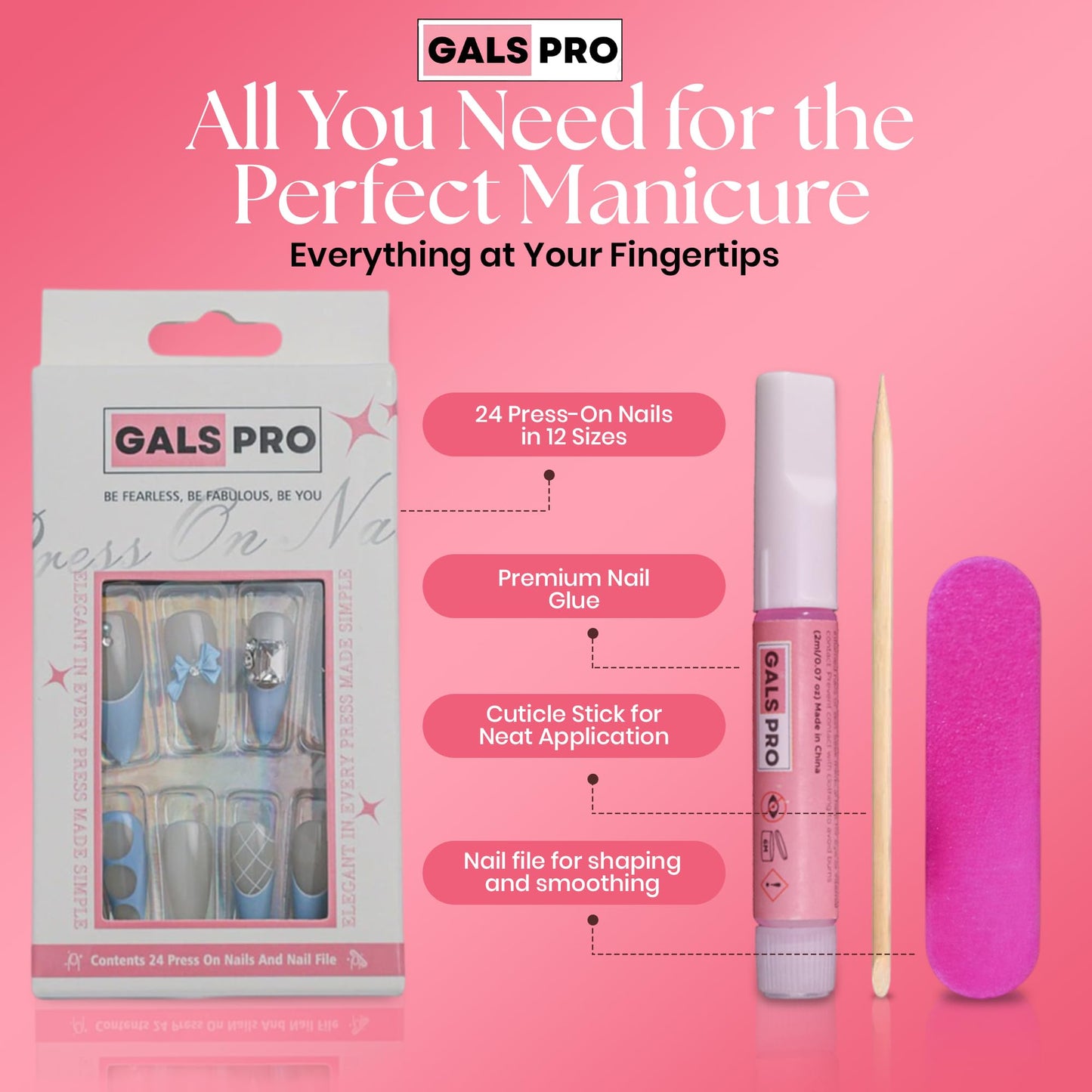 GALSPRO Medium Press on Nails - Set of 24 Fake Nails with Designs in 12 Different Sizes for Perfect Fit, Cute False Nails Kit for Women with 0.07oz Nail Glue, A Double Sided Nail File & Cuticle Stick