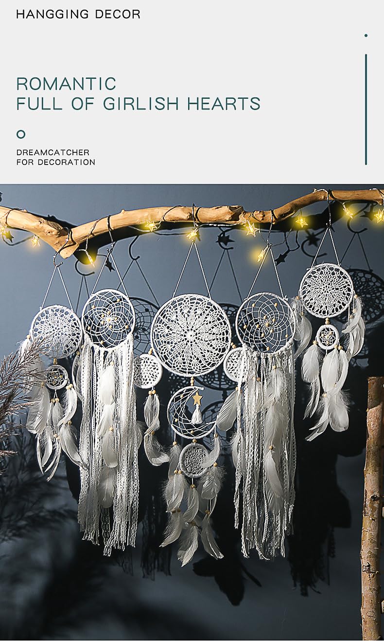 5 Pack Moon Phase Dreamcatcher Set Boho Wall Decor, Boho Macrame Wall Hanging Dream Catchers, for Home, Bedroom, Living Room, Witchy Gifts (White)