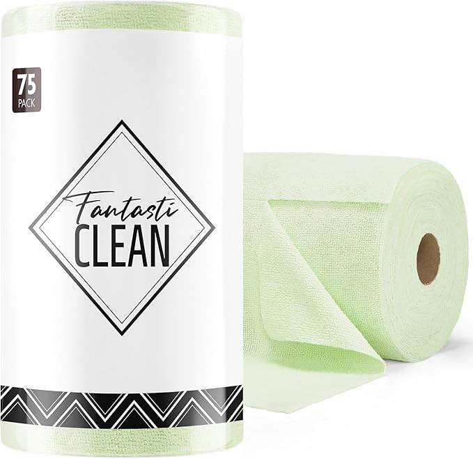 Fantasticlean Microfiber Cleaning Cloth Roll -75 Pack, Tear Away Microfiber Towels, 12" x 12", Reusable, Washable, Scratch Free, Ultra Absorbent Dish Rags for Car, Home, Garage or Shop (Green)